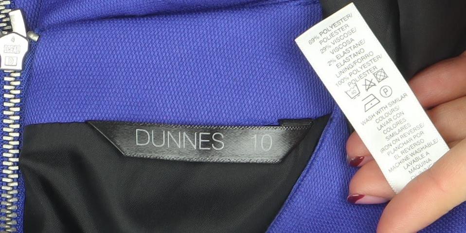 Brand and care label for Dunnes Women Blue Sheath Knee Length Zip Detail Dress, size 10