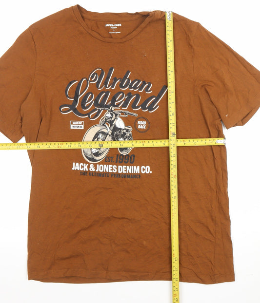 Jack & Jones Men’s Brown Graphic T-Shirt L Urban Legend Motorcycle Design