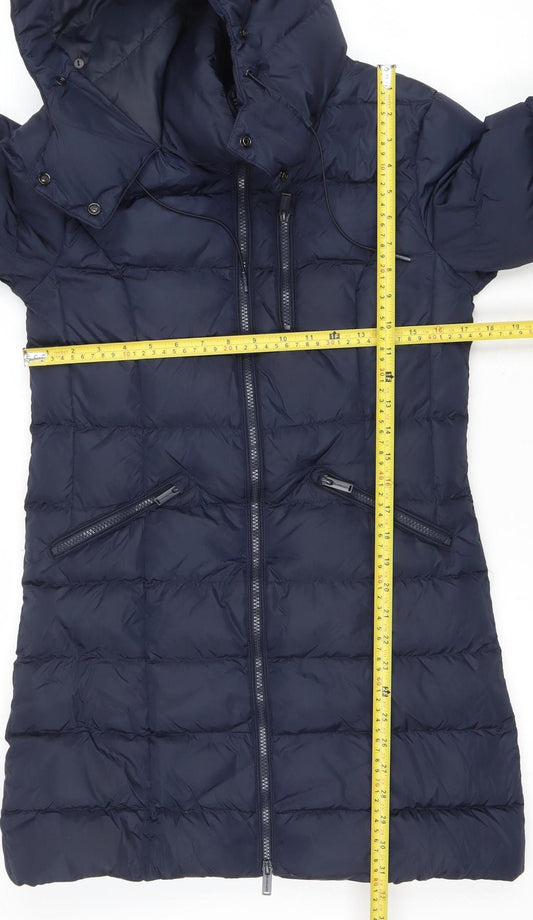 Superdry Women Blue Long Puffer Jacket Size 8 Hooded Down Coat