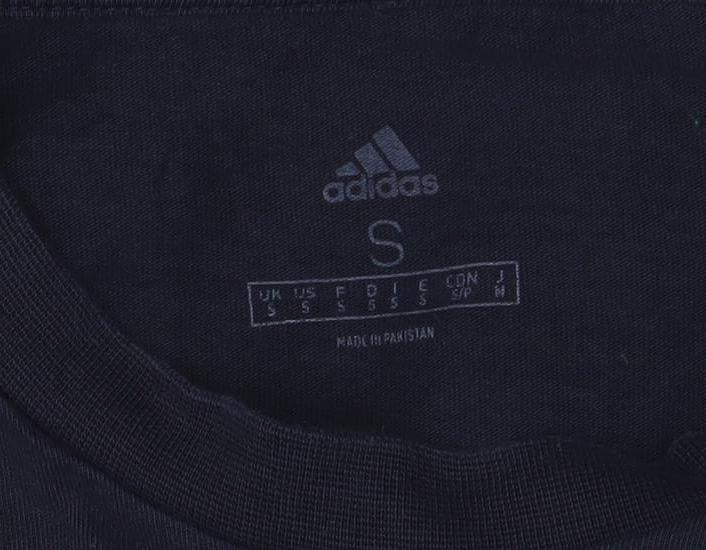 Brand and care label for Adidas Men's Blue Small Logo Graphic Short Sleeve T-Shirt