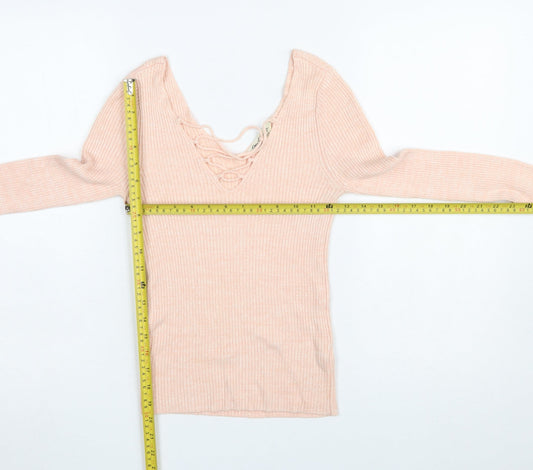 Miss Selfridge Women's Pink Slim Fit Lace-Up V-Neck Jumper Size 6