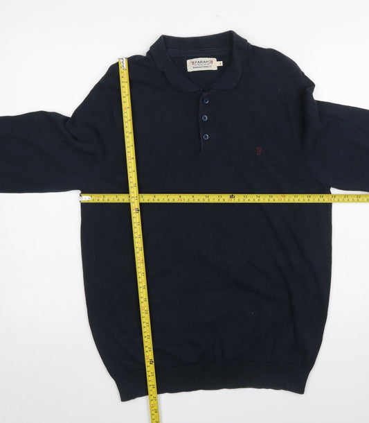 Farah Men's Blue Cotton Collared Henley Jumper Size L