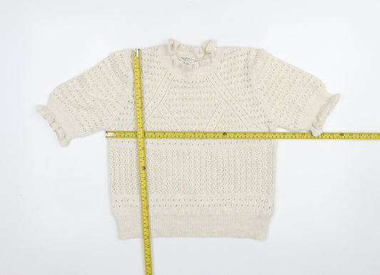 Miss Selfridge Women’s Ivory Open Knit Ruffle Short Sleeve Jumper Size 14