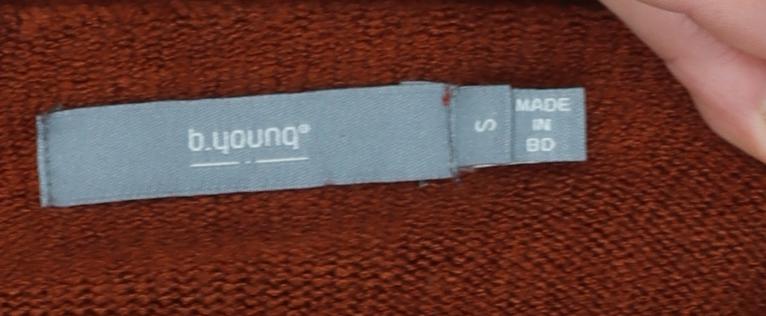 Brand and care label for b.young Women's Brown V-Neck Long Sleeve Wool Blend jumper, size S