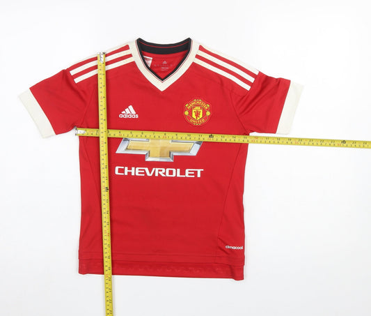 adidas Boys Red Manchester United Football Jersey 9-10 Years Climalite T-Shirt