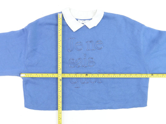Bershka Women Blue Collared Pullover Sweatshirt Size S