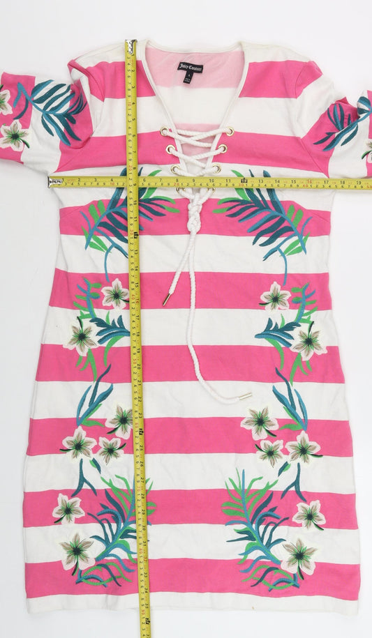 Juicy Couture Womens Pink Striped Embroidered Shift Dress Size 14