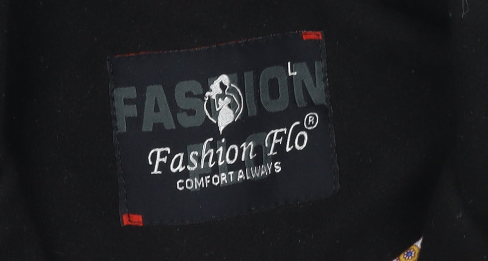 Brand and care label for Fashion Flo Women's Black Wool Blend Mid-Length Overcoat L