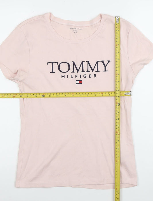 Tommy Hilfiger Women Pink Cotton Logo T-Shirt Size L Short Sleeve