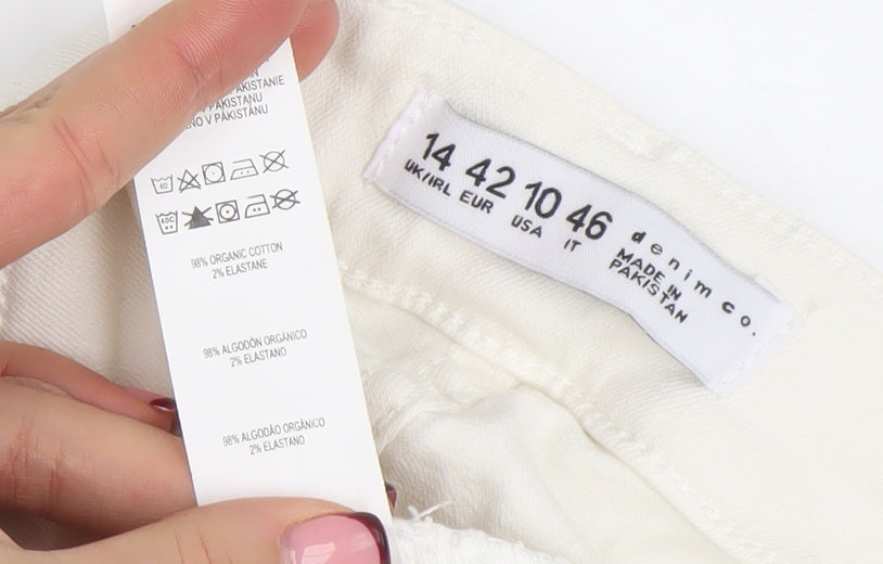 Brand and care label for Denim Co Women's White, size 14, Skinny Distressed Jeans