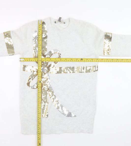 Oasis Women Ivory Sequin Bow Jumper XS Winter Pullover