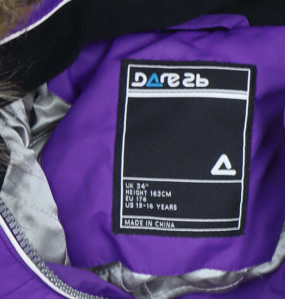 Additional view of Dare 2b girls’ purple puffer jacket 16 years hooded fur trim winter coat
