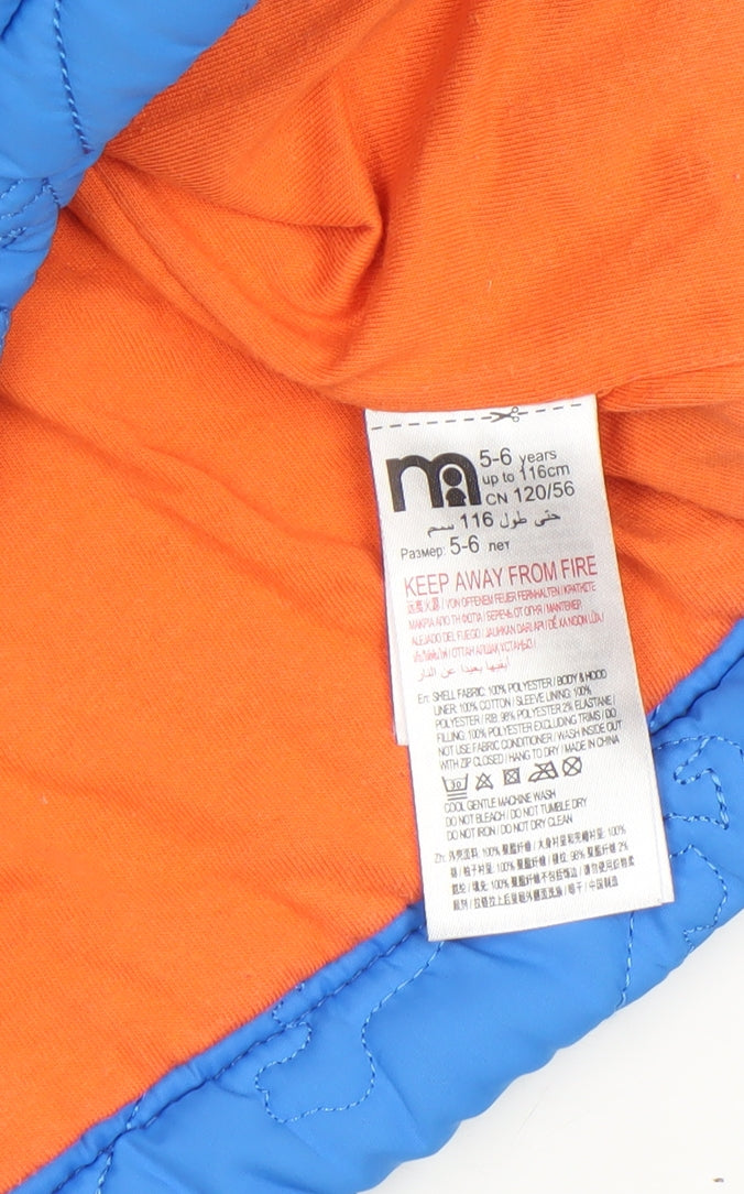 Brand and care label for Mothercare boys’ blue dinosaur hooded puffer jacket 5-6 years quilted lined