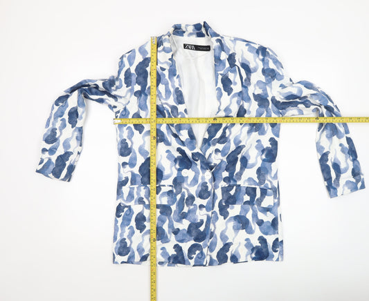 Zara Women Blue White Camouflage Print Blazer XS Single Breasted