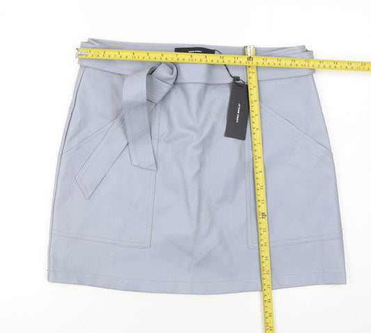 Vero Moda Women’s Grey Faux Leather Mini Skirt L Belted Pockets