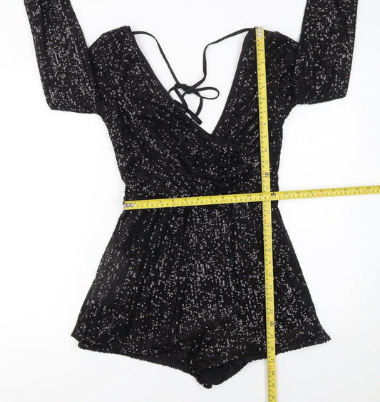 River Island Womens Black Sequin Long Sleeve V-Neck Playsuit UK 6