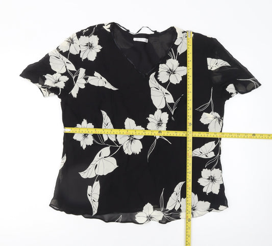 Berkertex Women’s Black Floral Chiffon V-Neck Short Sleeve Tunic Blouse Size 18