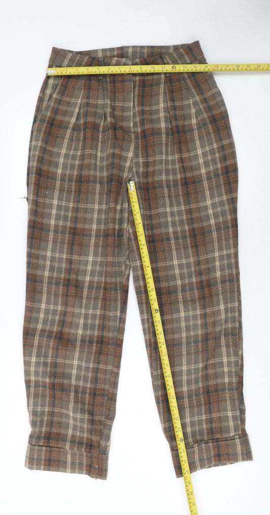 Anewsta Women's Brown Plaid Wool Blend Pleated Chino Trousers Size 10