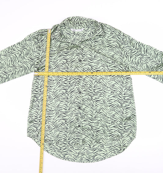 Zara Women’s Green Animal Print Button-Up Shirt XS Long Sleeve Polyester