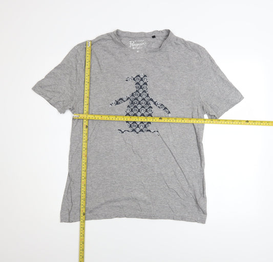 Original Penguin Men Grey Graphic Penguin Print Crew Neck T-Shirt M