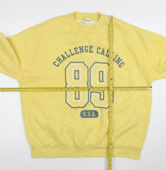 Pull&Bear Women Yellow Graphic 89 Crew Neck Pullover Sweatshirt M