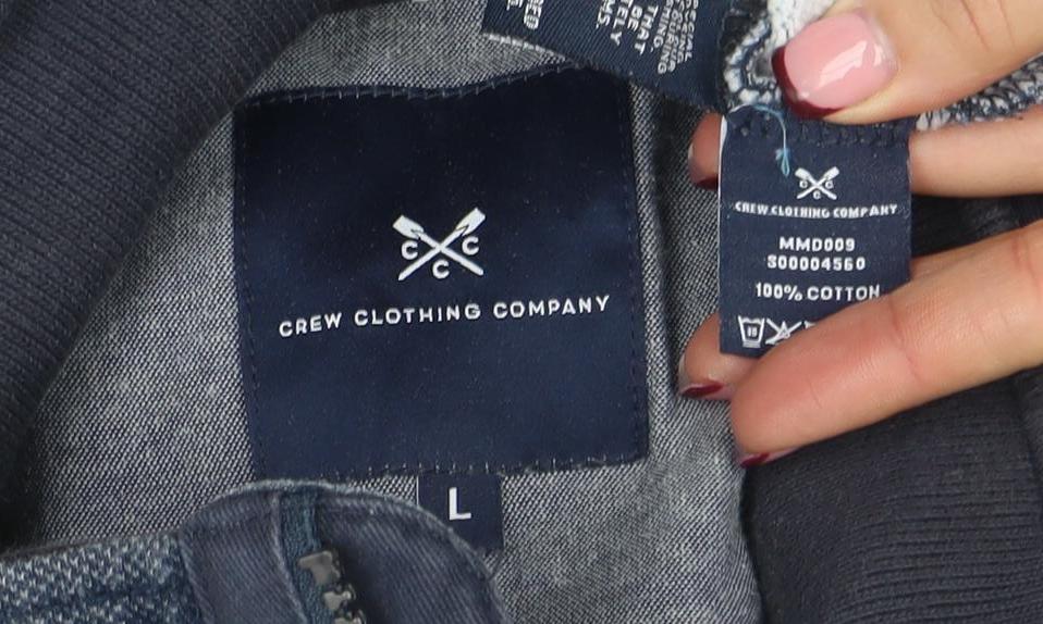 Brand and care label for Crew Clothing Men's Blue L 1/4 Zip Striped Henley Sweatshirt
