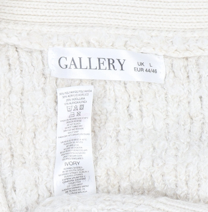 Brand and care label for Gallery Women’s Ivory Chunky-Knit Wool Blend Cardigan L