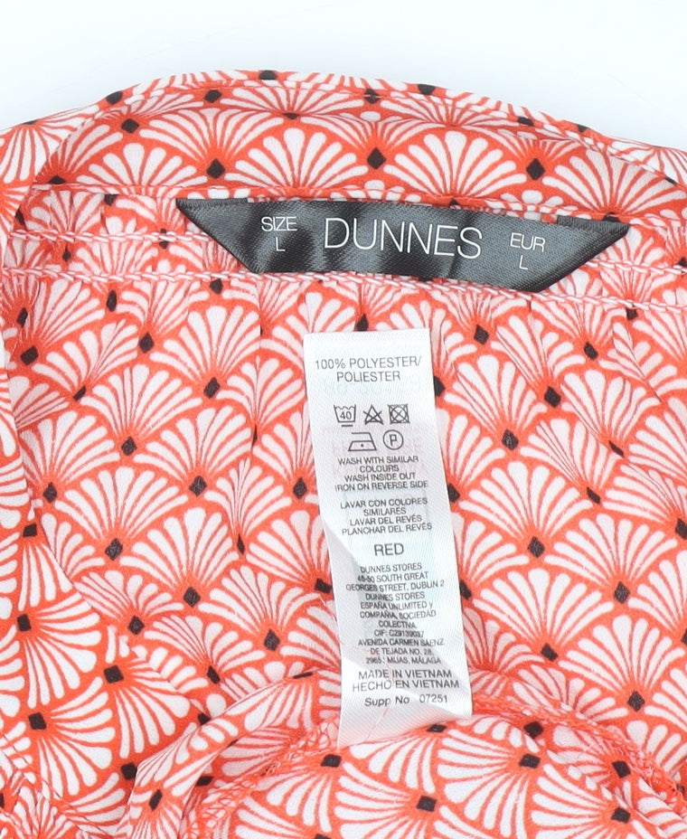 Brand and care label for Dunnes Women Red Geometric Long Sleeve Blouse, size L, Polyester