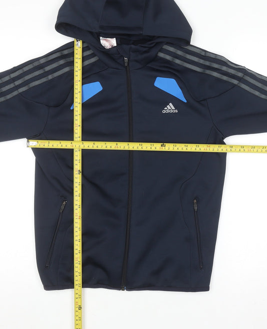 Adidas Boys Navy Blue Full Zip Hoodie 11-12 Years Polyester Climalite