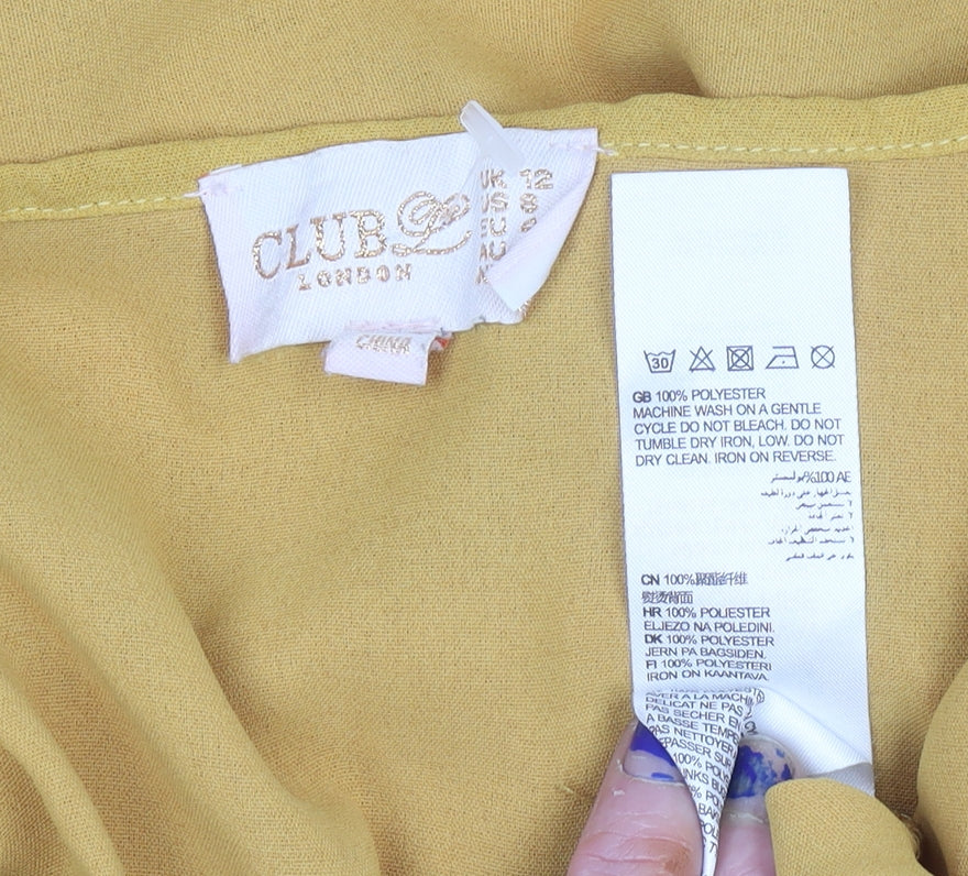 Brand and care label for Club L London Women’s Yellow Midi Wrap Dress, size UK 12, Puff Sleeve V-Neck