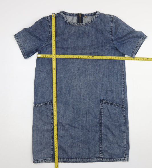 Topshop Women Blue Denim Shift Dress Size 10 Short Sleeve Knee Length