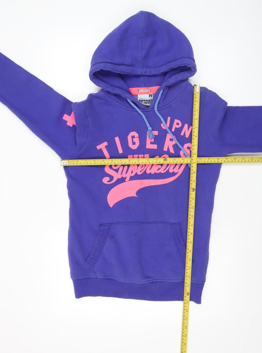 Superdry Women Purple Hoodie Small Graphic Print Pullover Cotton Blend