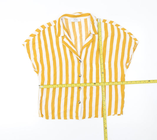 Bershka Women Yellow Striped Short Sleeve Button-Up Shirt M