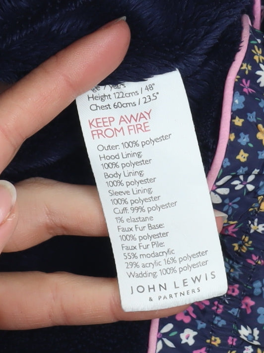 Brand and care label for John Lewis girls’ multicoloured floral puffer coat 7 years hooded faux fur winter