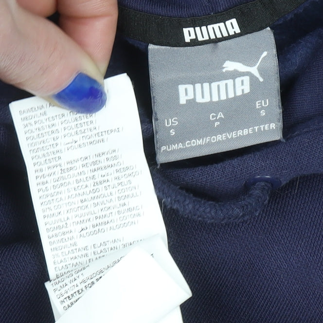 Brand and care label for Puma Men's Blue Pullover Hoodie, size S, Regular Fit Logo Fleece