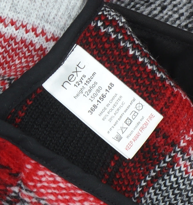 Brand and care label for Next girls’ red check flannel shirt jacket 12 years button long sleeve