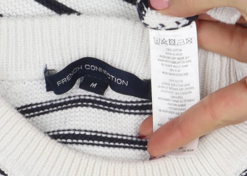French Connection Women's White Striped Cotton Crew Neck Jumper Size M