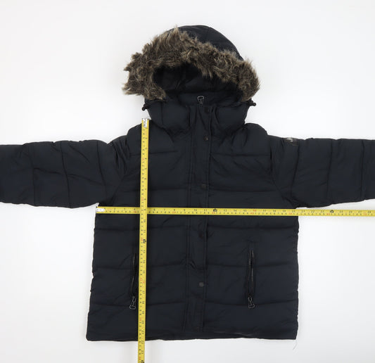 Superdry Womens Black Size 12 Puffer Jacket Hooded Winter Coat