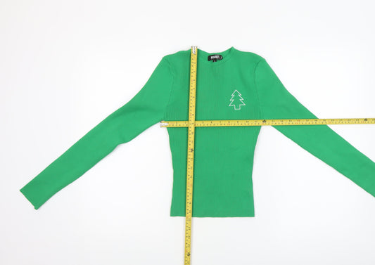 Missguided Women's Green Ribbed Christmas Long Sleeve Slim Fit Top S