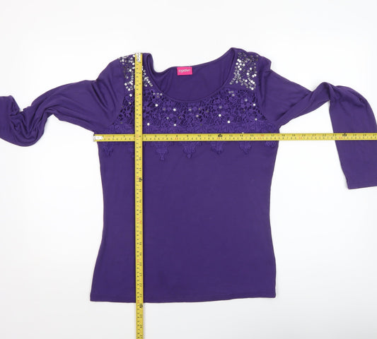 Together Women's Purple Lace Beaded Long Sleeve Jersey Top Size 12