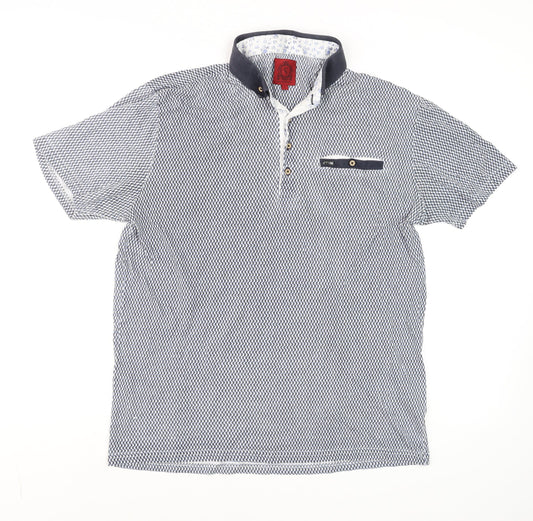 Swade Men's Blue Geometric Cotton Short Sleeve Polo Shirt L