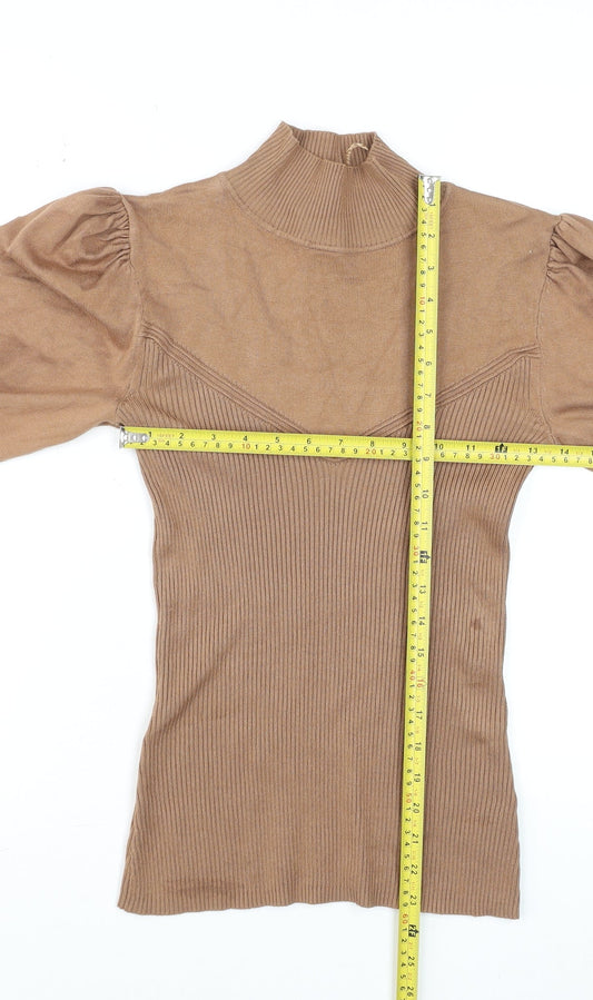 River Island Women’s Brown High Neck Puff Sleeve Knit Blouse Size 10