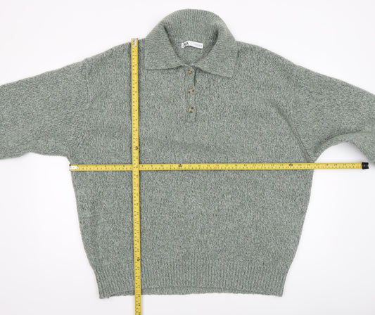 Zara Womens Green Collared Henley Knit Jumper Size 12