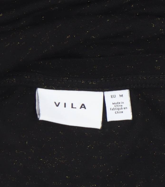 Vila Women’s Black Glitter Short Sleeve V-Neck Cotton Blend T-Shirt Size 10