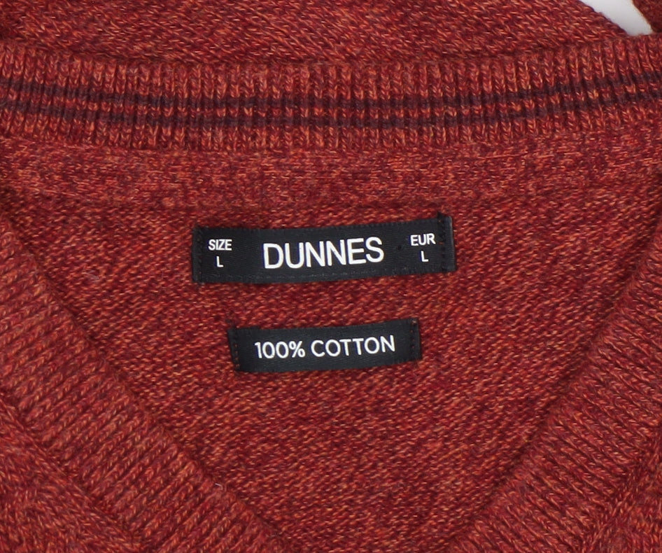 Brand and care label for Dunnes Men Red Cotton V-Neck jumper, size L