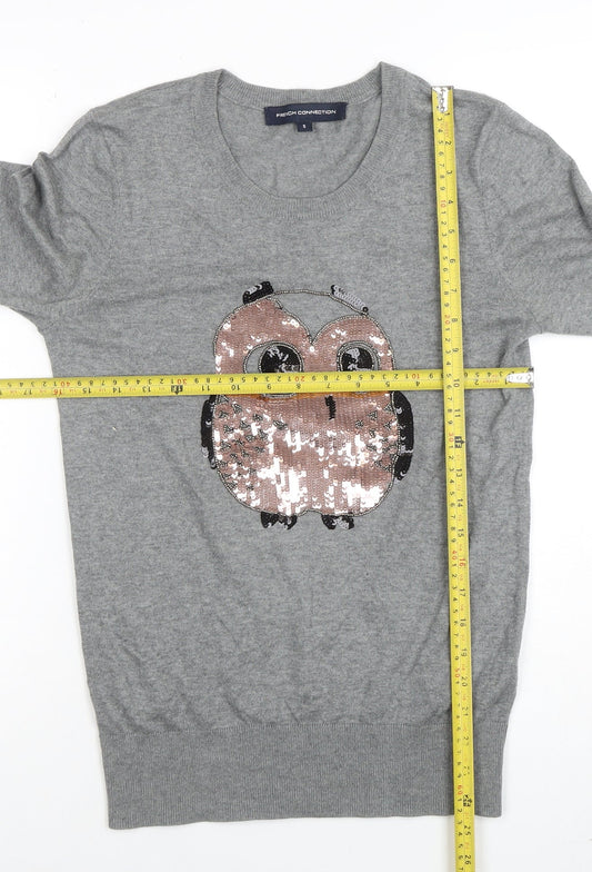 French Connection Women’s Grey Sequin Owl Jumper Size S