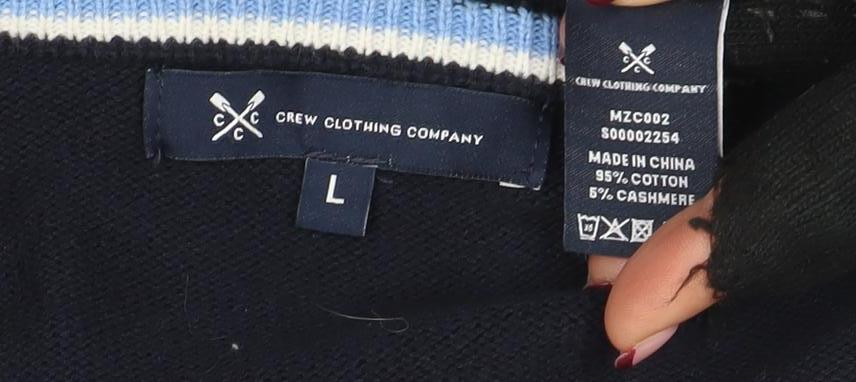 Brand and care label for Crew Clothing Men Blue L V-Neck Cotton Cashmere Jumper