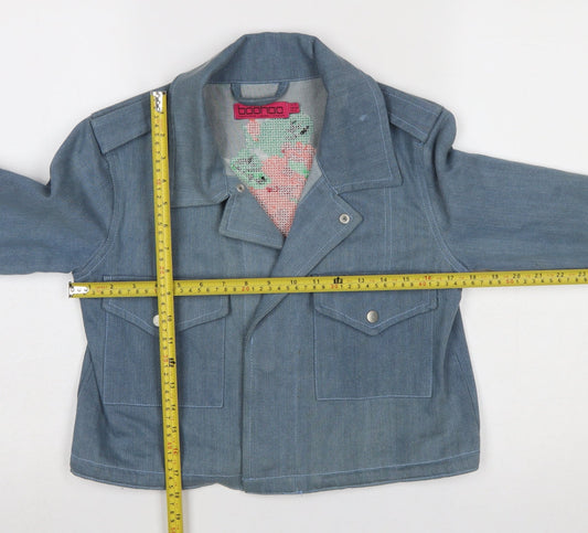 Boohoo Women Blue Denim Floral Embroidered Cropped Biker Jacket UK 8