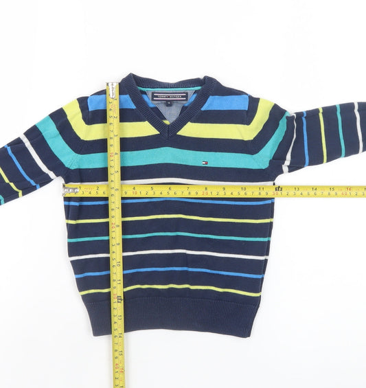 Tommy Hilfiger Boys Blue Striped V-Neck Cotton Jumper 3 Years