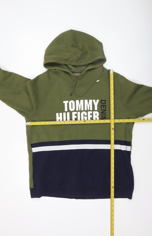 Tommy Hilfiger Mens Green Pullover Hoodie M Fleece Logo Sweatshirt